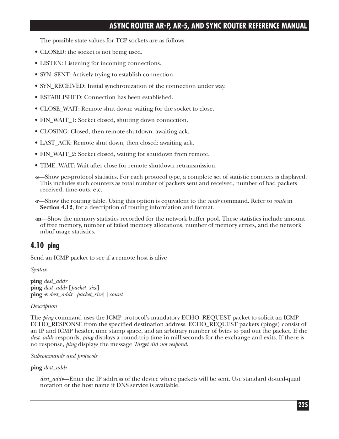 Black Box LRS002A-R2, LRA005A-R2, LRA001A-R2 manual 225, Subcommands and protocols Ping destaddr 