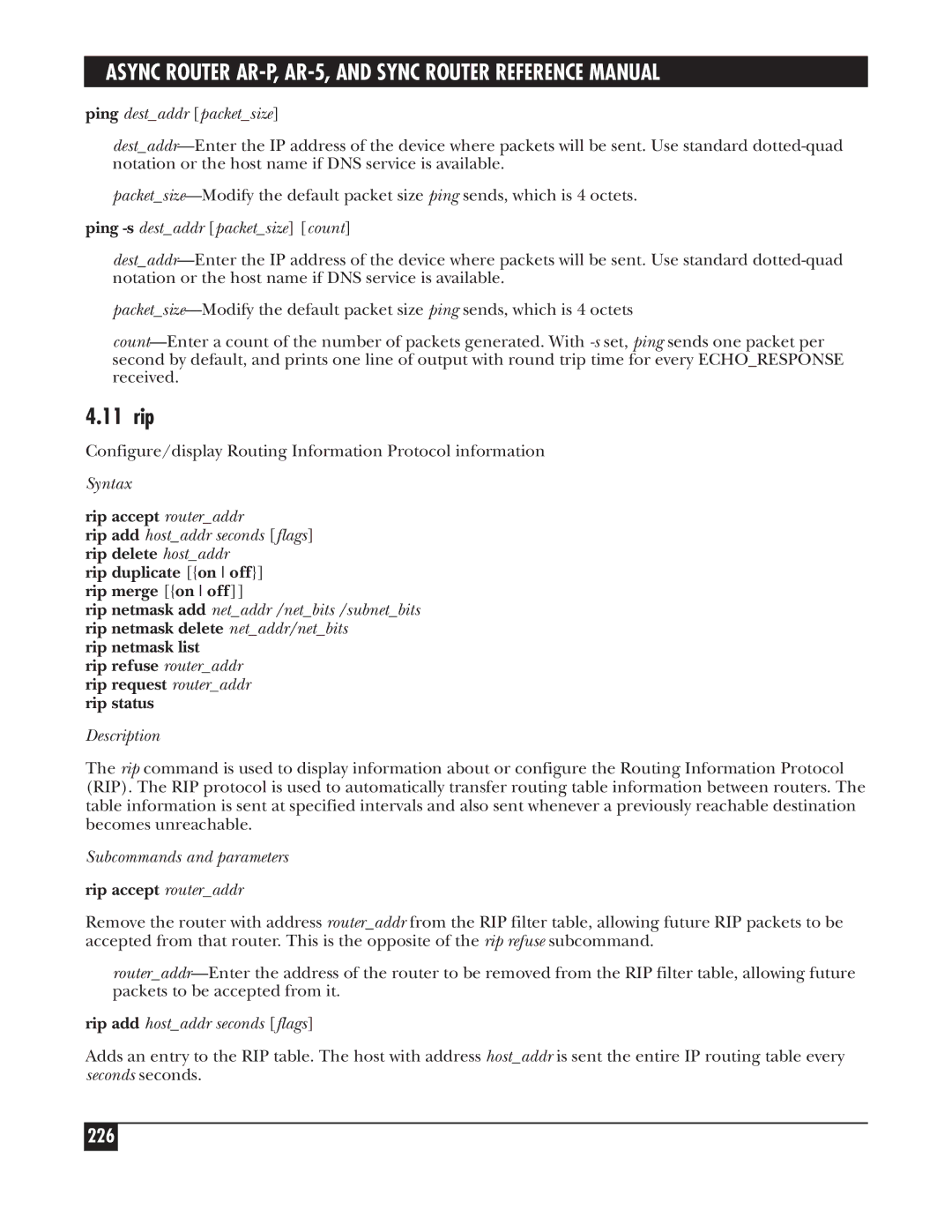 Black Box LRA005A-R2, LRS002A-R2, LRA001A-R2 manual 11 rip, 226, Rip netmask list, Rip add hostaddr seconds flags 