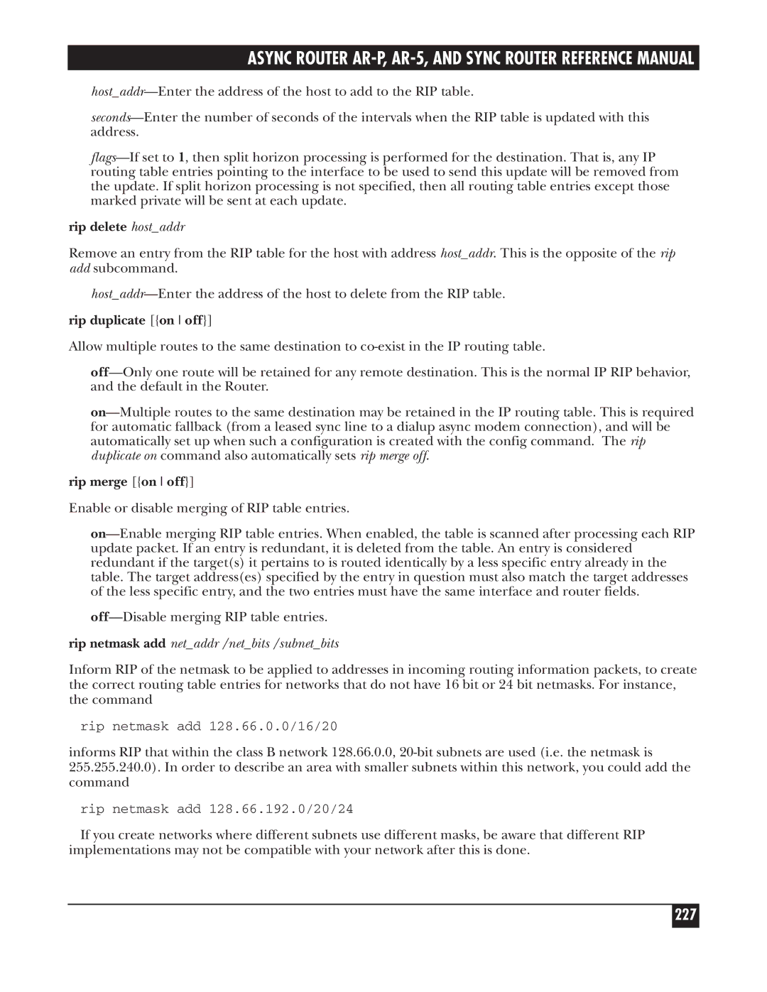 Black Box LRA001A-R2, LRS002A-R2, LRA005A-R2 manual 227, Rip delete hostaddr, Rip duplicate on off, Rip merge on off 