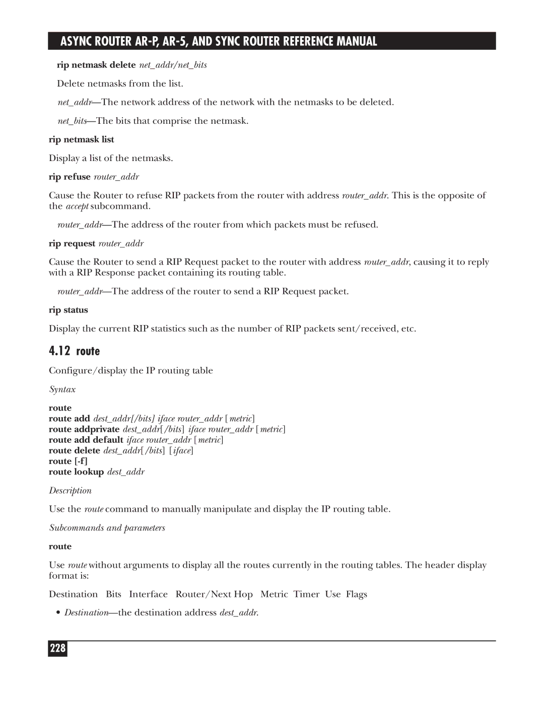 Black Box LRS002A-R2, LRA005A-R2, LRA001A-R2 manual 228, Rip netmask delete netaddr/netbits, Route lookup destaddr 