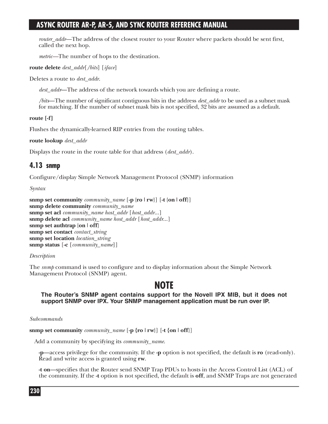 Black Box LRA001A-R2 manual 230, Route delete destaddr/bits iface, Snmp set community communityname -p ro rw -t on off 