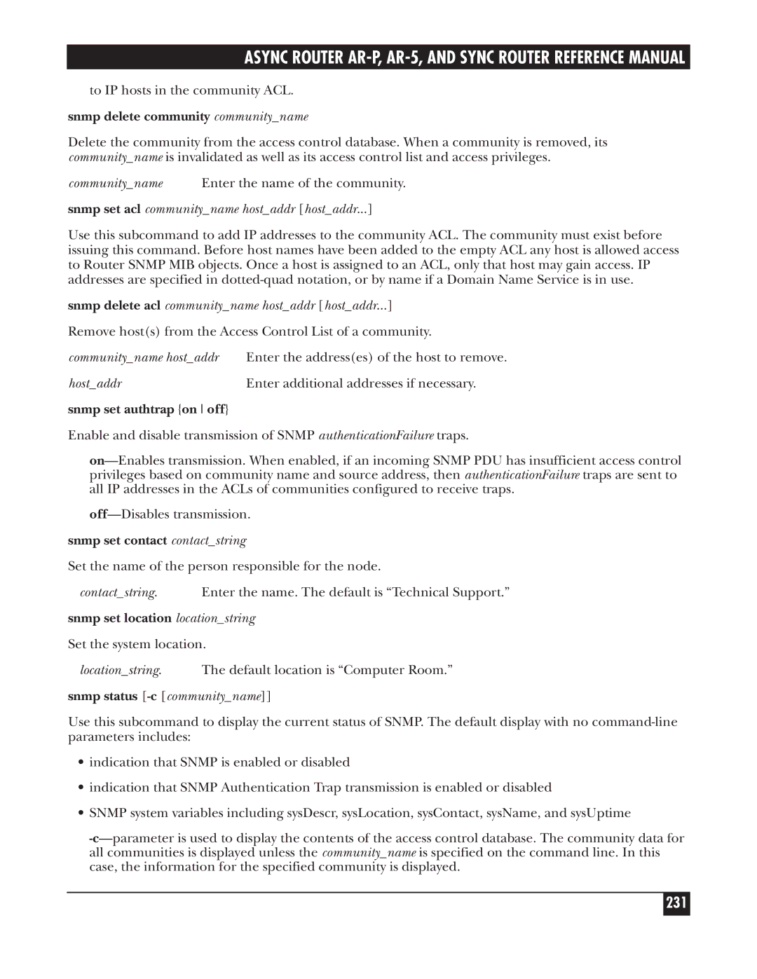 Black Box LRS002A-R2 231, Snmp delete community communityname, Snmp set authtrap on off, Snmp set contact contactstring 