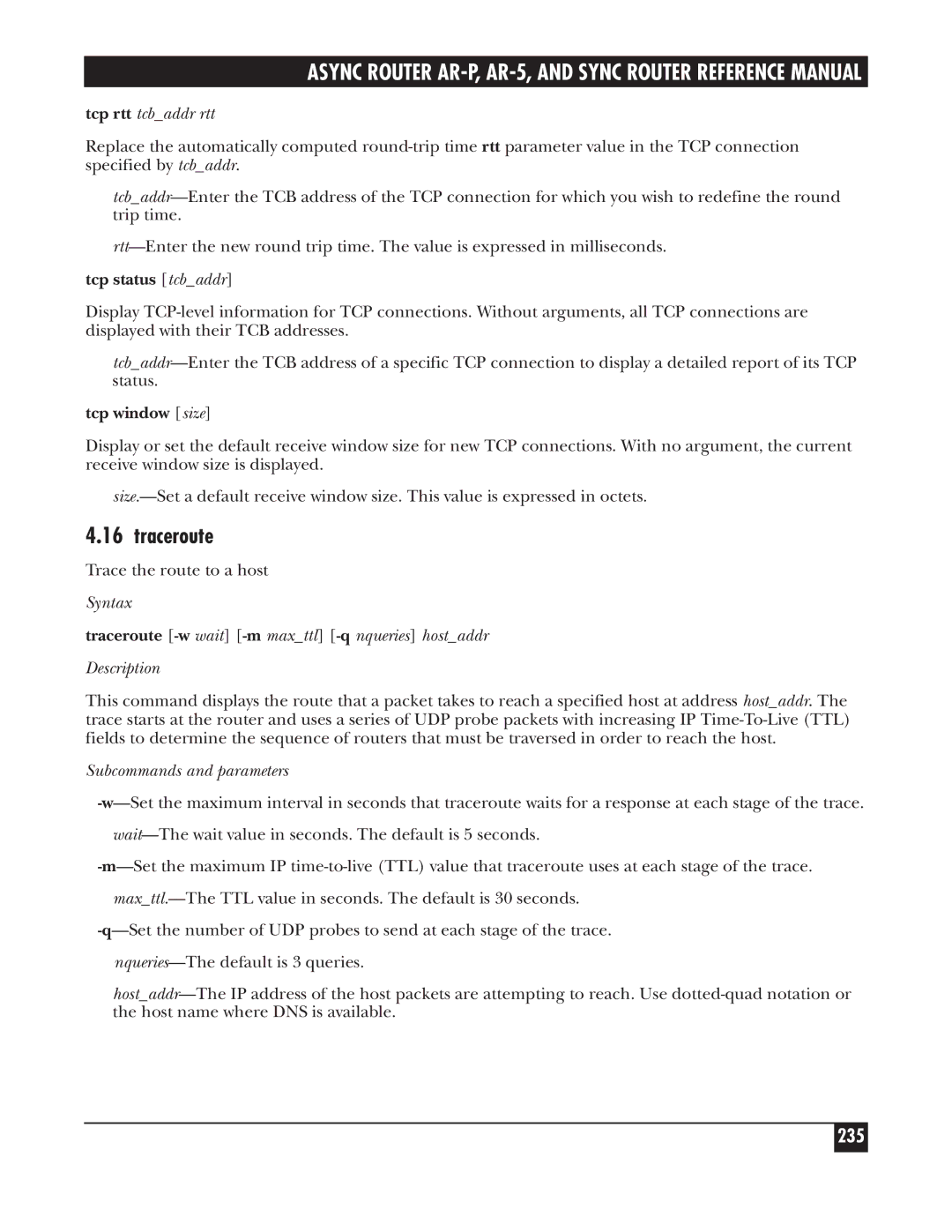 Black Box LRA005A-R2, LRS002A-R2, LRA001A-R2 manual Traceroute, 235, Tcp status tcbaddr, Tcp window size 