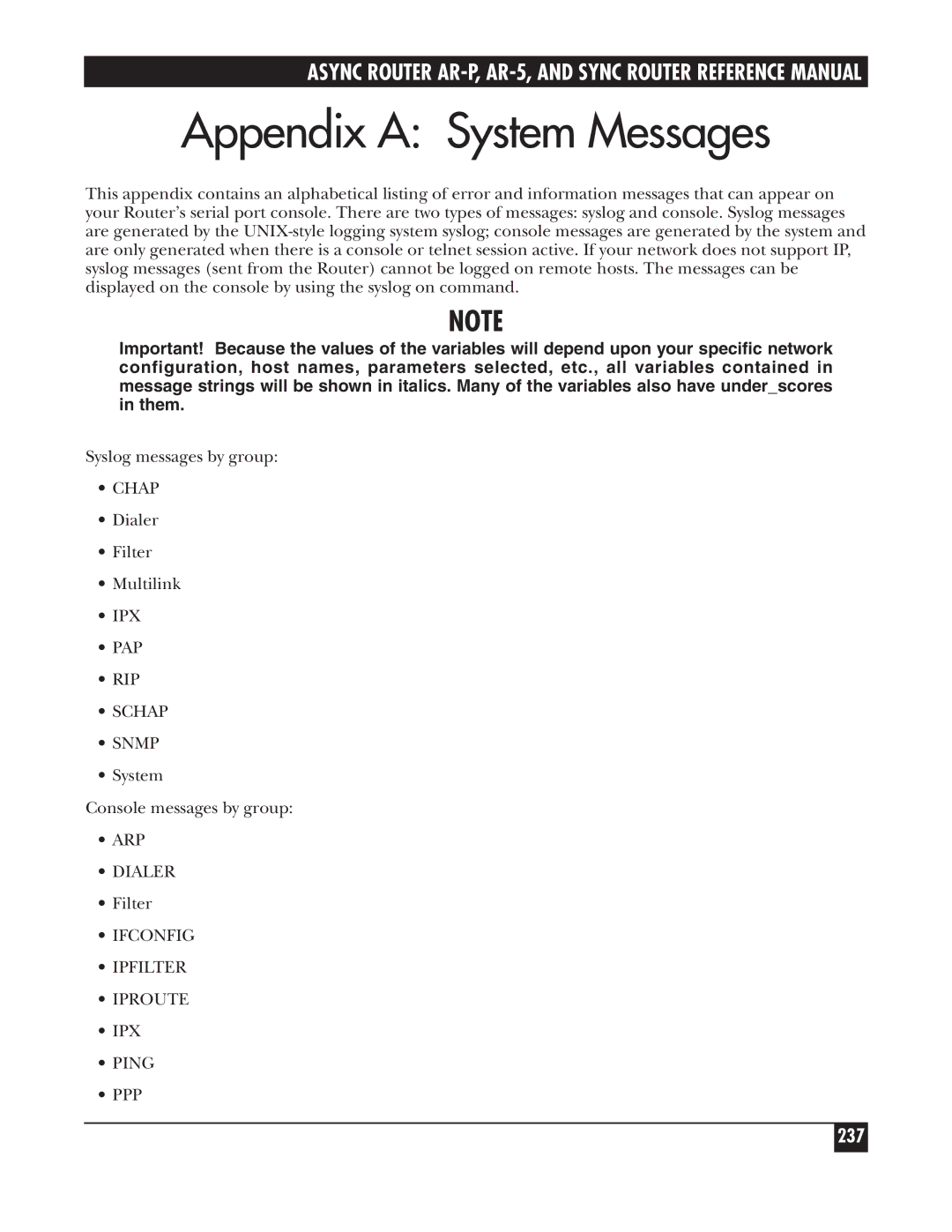 Black Box LRS002A-R2, LRA005A-R2, LRA001A-R2 manual Appendix a System Messages, 237 