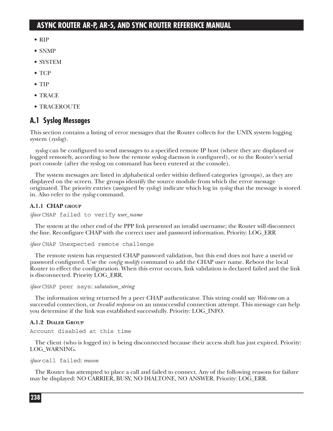 Black Box LRA005A-R2 Syslog Messages, 238, Chap Group, Iface Chap peer says salutationstring, Iface call failed reason 