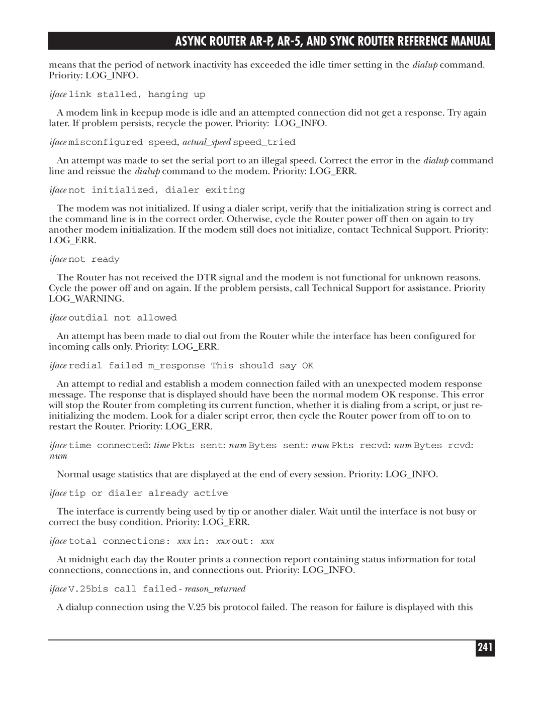 Black Box LRA005A-R2, LRS002A-R2, LRA001A-R2 manual 241, Iface V.25bis call failed reasonreturned 