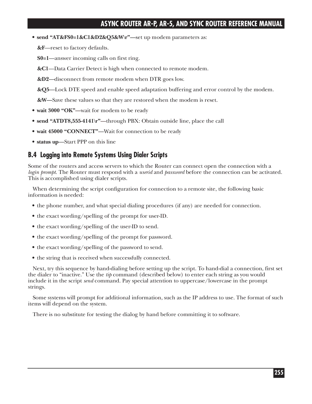 Black Box LRS002A-R2, LRA005A-R2, LRA001A-R2 manual Logging into Remote Systems Using Dialer Scripts, 255 