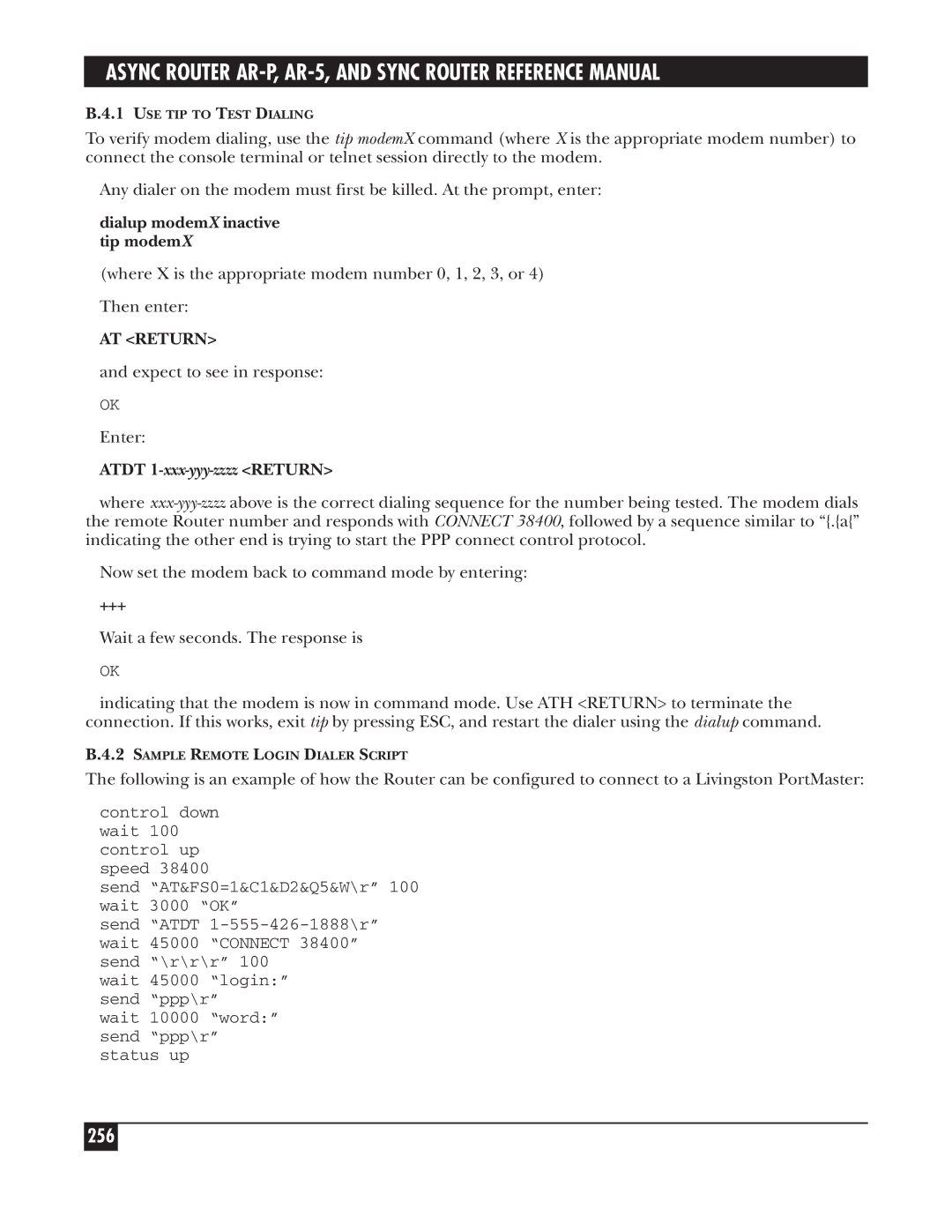 Black Box LRA005A-R2, LRS002A-R2 manual 256, Dialup modemX inactive tip modemX, AT Return, Atdt 1-xxx-yyy-zzzzRETURN, +++ 