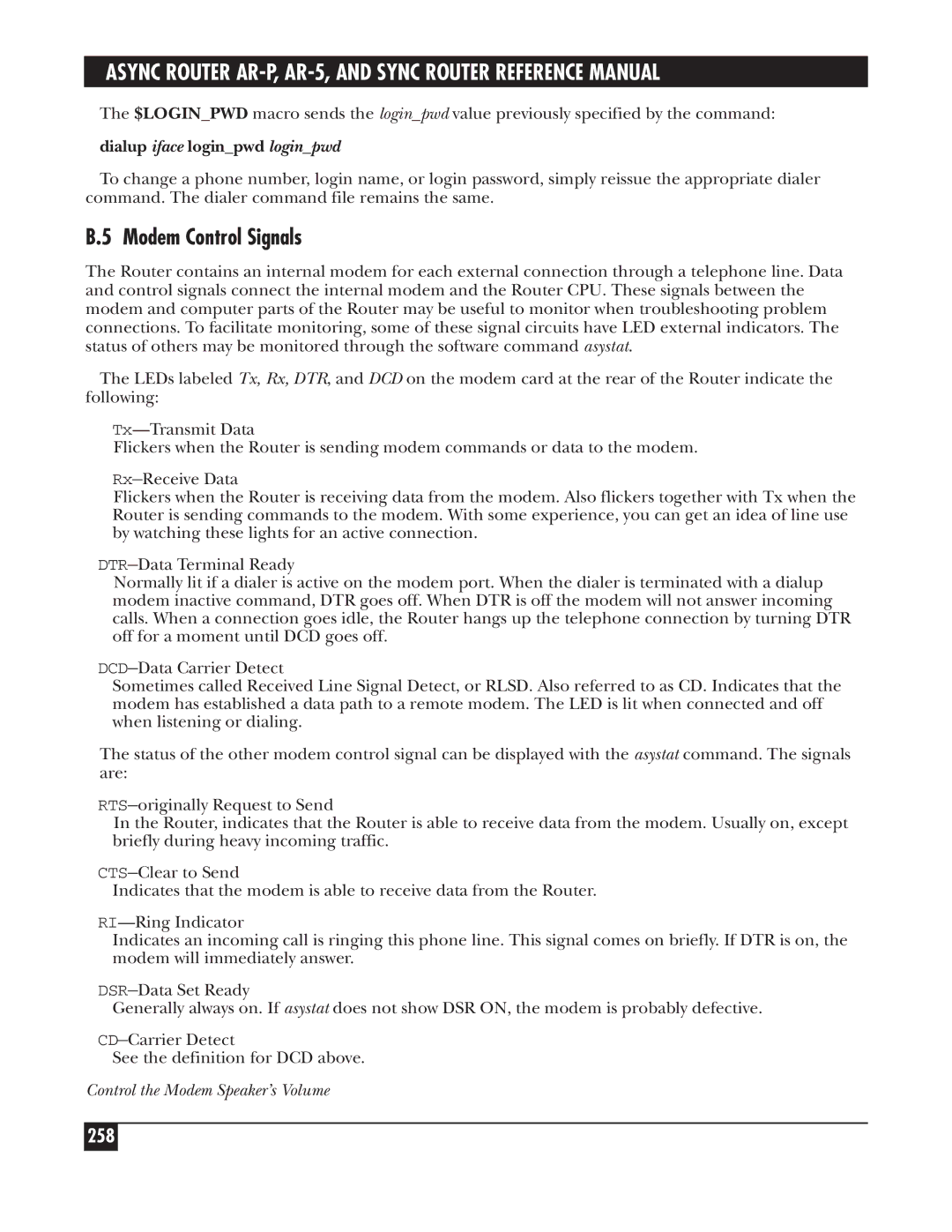 Black Box LRS002A-R2 manual Modem Control Signals, 258, Dialup iface loginpwd loginpwd, Control the Modem Speaker’s Volume 