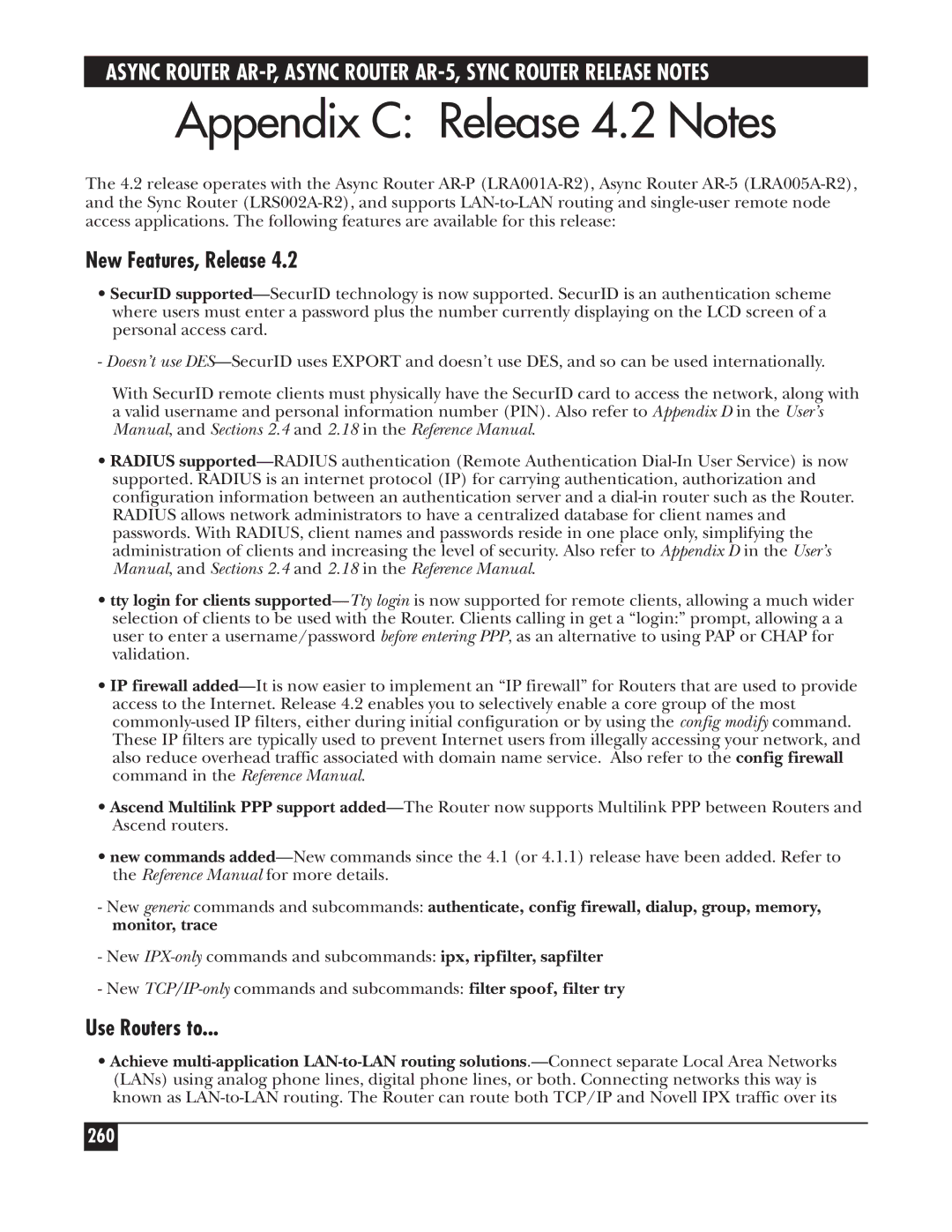 Black Box LRA001A-R2, LRS002A-R2, LRA005A-R2 manual Appendix C Release 4.2 Notes, New Features, Release, Use Routers to, 260 