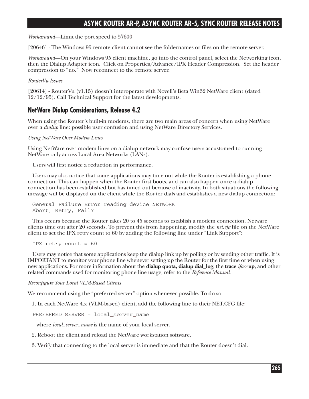 Black Box LRA005A-R2 manual NetWare Dialup Considerations, Release, 265, RouterVu Issues, Using NetWare Over Modem Lines 