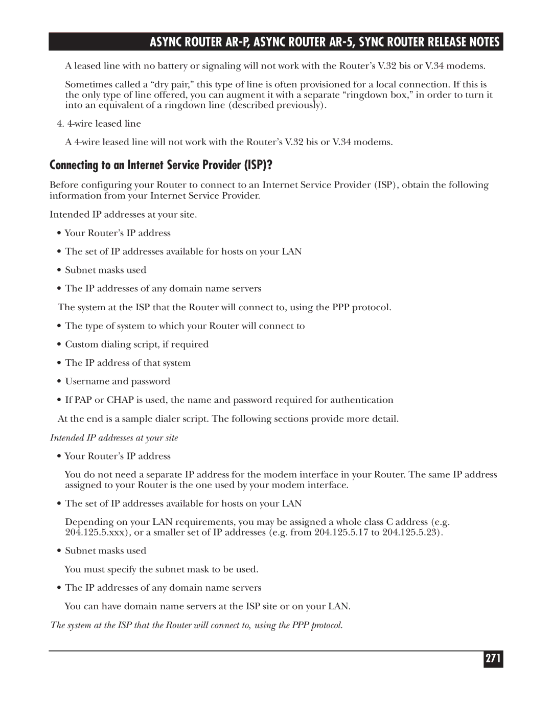 Black Box LRA005A-R2, LRS002A-R2 Connecting to an Internet Service Provider ISP?, 271, Intended IP addresses at your site 