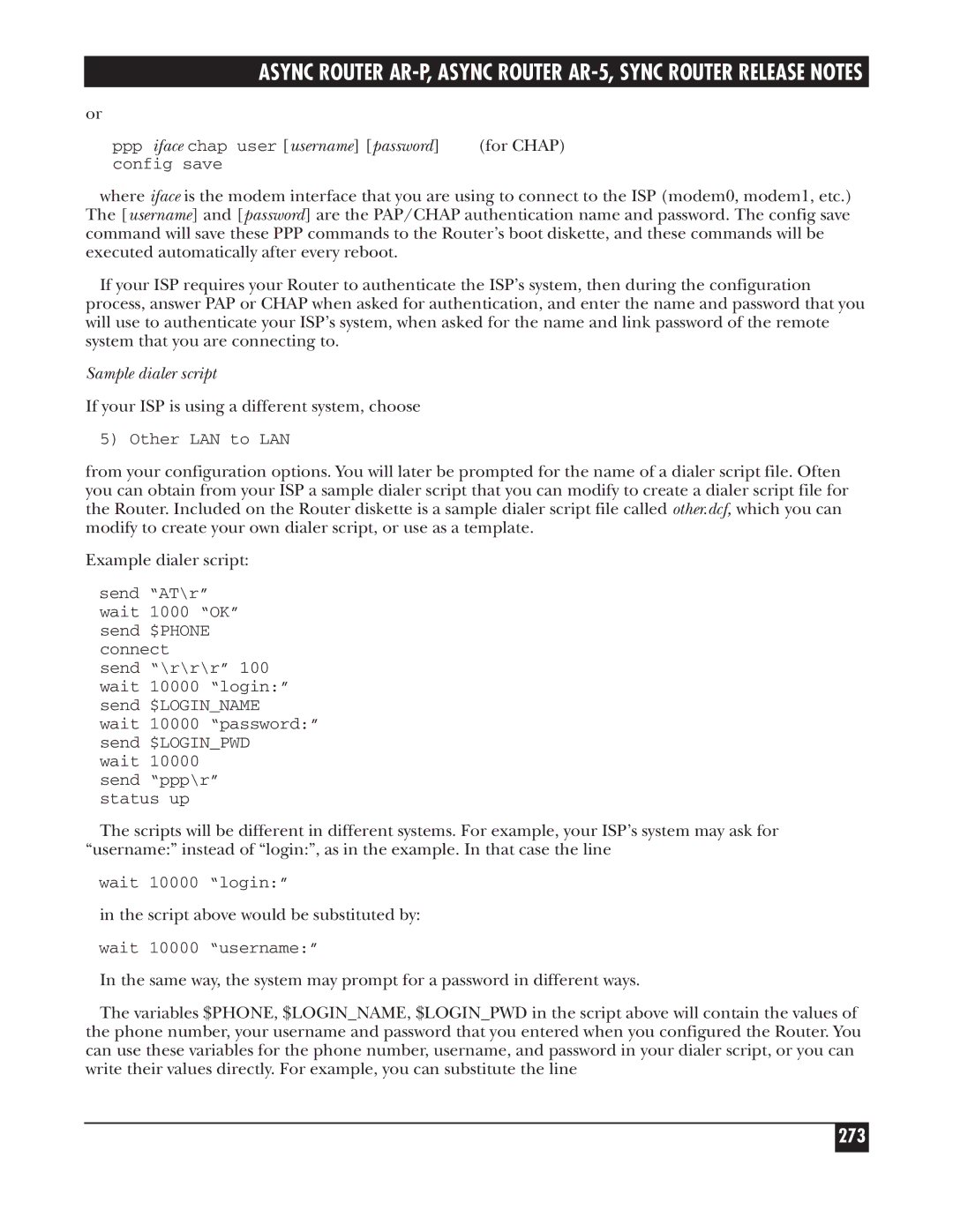 Black Box LRS002A-R2, LRA005A-R2, LRA001A-R2 manual 273, Ppp iface chap user username password For Chap, Sample dialer script 