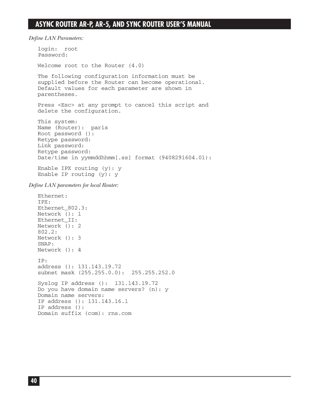 Black Box LRA005A-R2, LRS002A-R2, LRA001A-R2 manual Define LAN Parameters, Define LAN parameters for local Router 