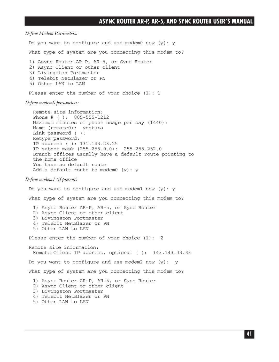 Black Box LRA001A-R2, LRS002A-R2, LRA005A-R2 Define Modem Parameters, Define modem0 parameters, Define modem1 if present 