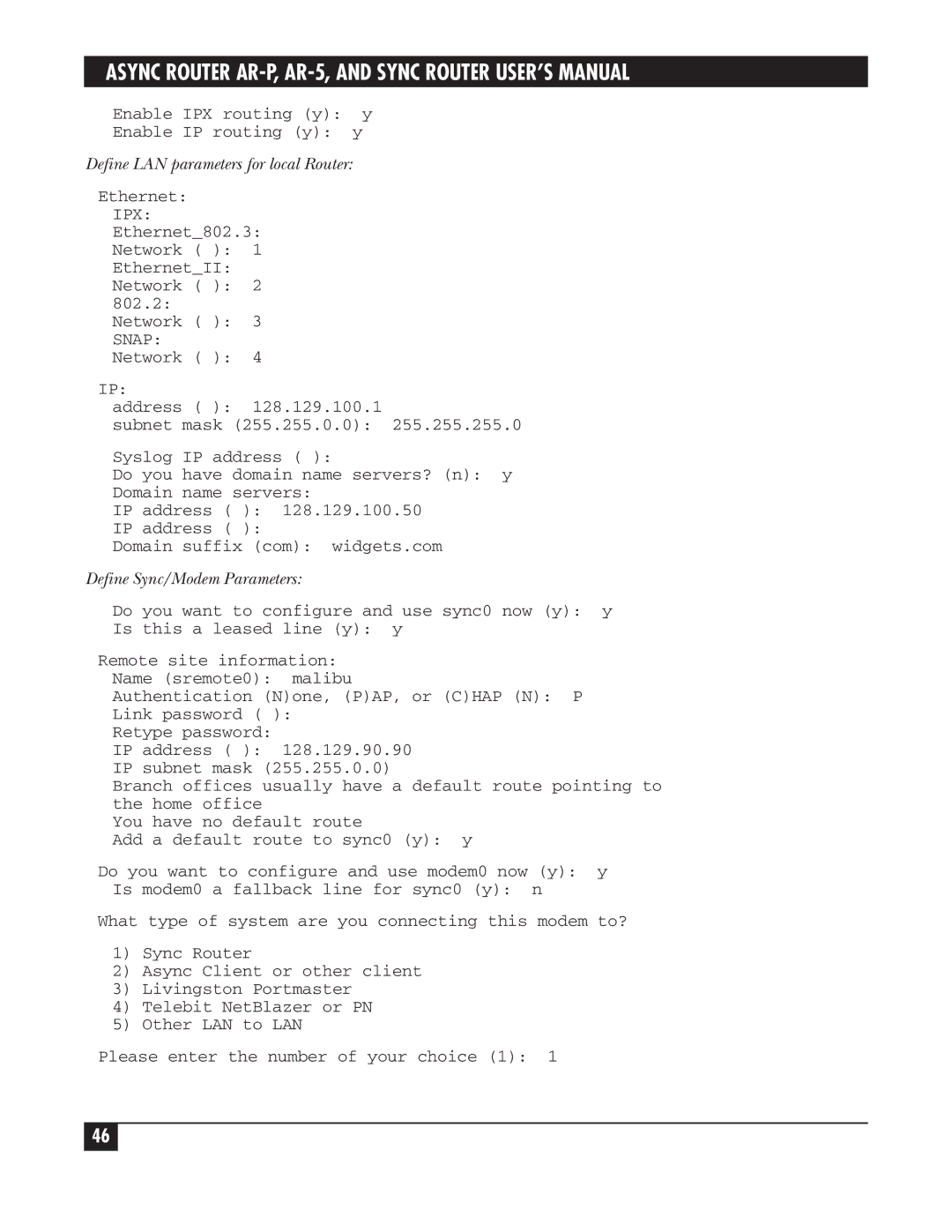 Black Box LRA005A-R2, LRS002A-R2, LRA001A-R2 manual Define LAN parameters for local Router, Define Sync/Modem Parameters 