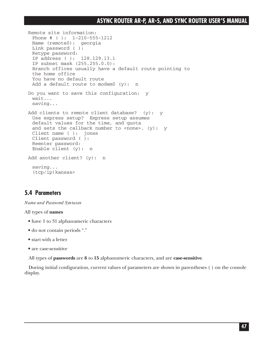 Black Box LRA001A-R2, LRS002A-R2, LRA005A-R2 manual Parameters, Name and Password Syntaxes 