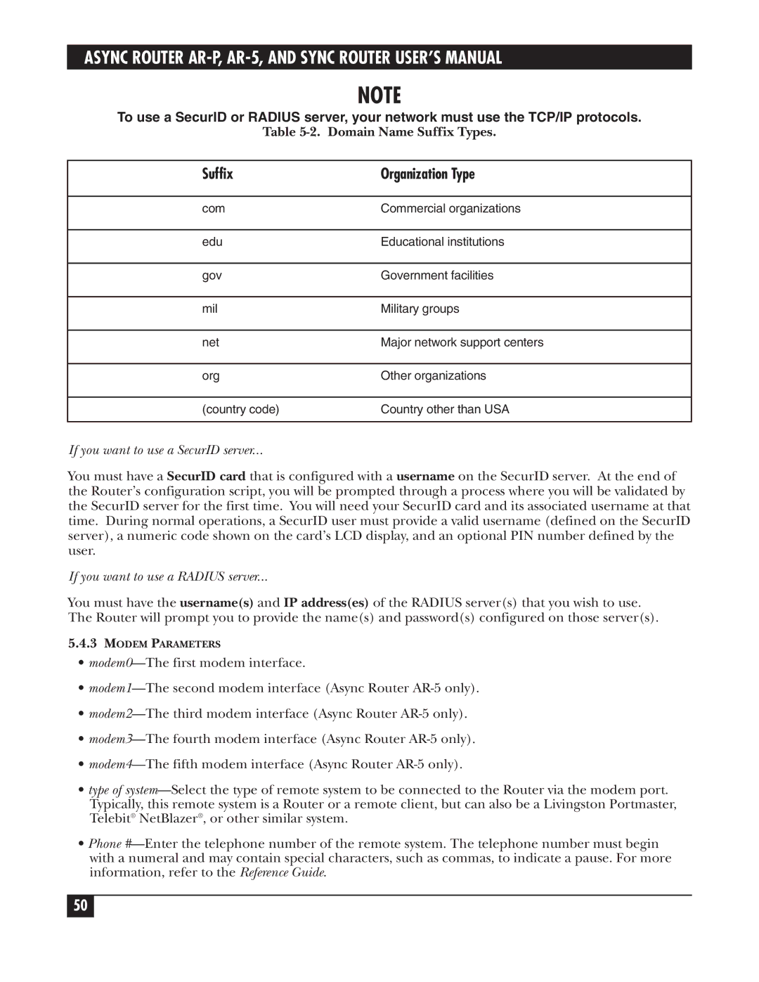 Black Box LRA001A-R2 Domain Name Suffix Types, If you want to use a SecurID server, If you want to use a Radius server 