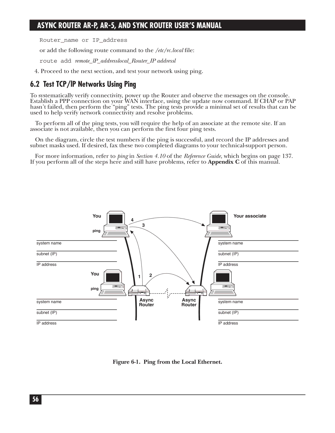 Black Box LRA001A-R2, LRS002A-R2 manual Test TCP/lP Networks Using Ping, Route add remotelPaddresslocalRouterIP addressl 