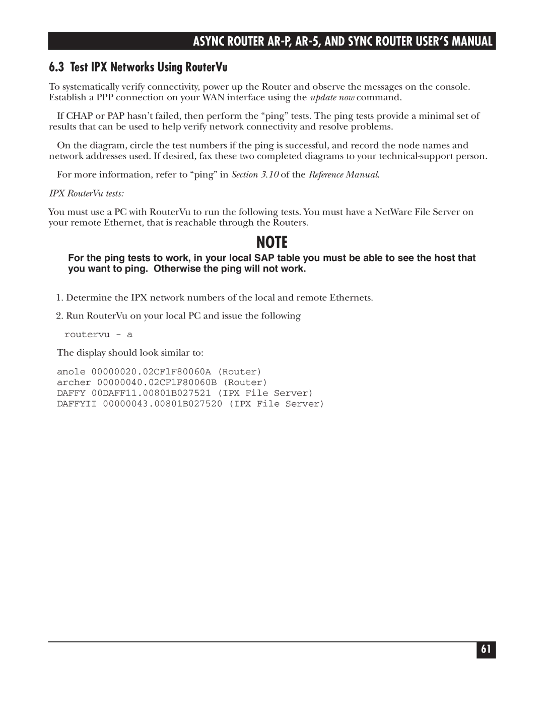 Black Box LRA005A-R2, LRS002A-R2, LRA001A-R2 manual Test IPX Networks Using RouterVu, IPX RouterVu tests 