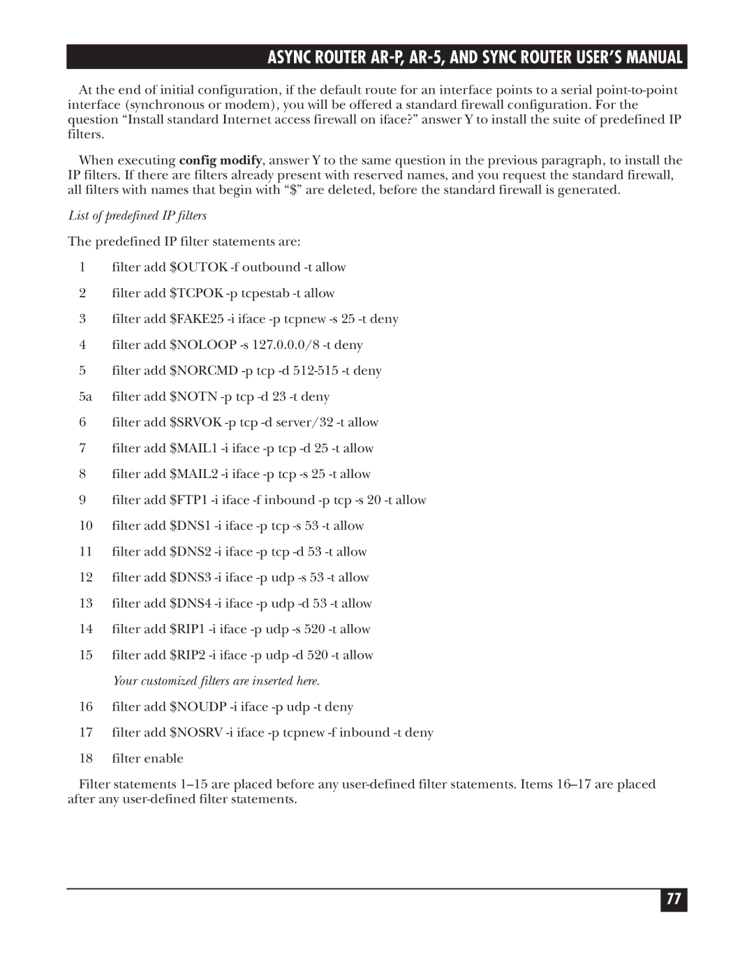 Black Box LRA001A-R2, LRS002A-R2, LRA005A-R2 manual List of predefined IP filters 