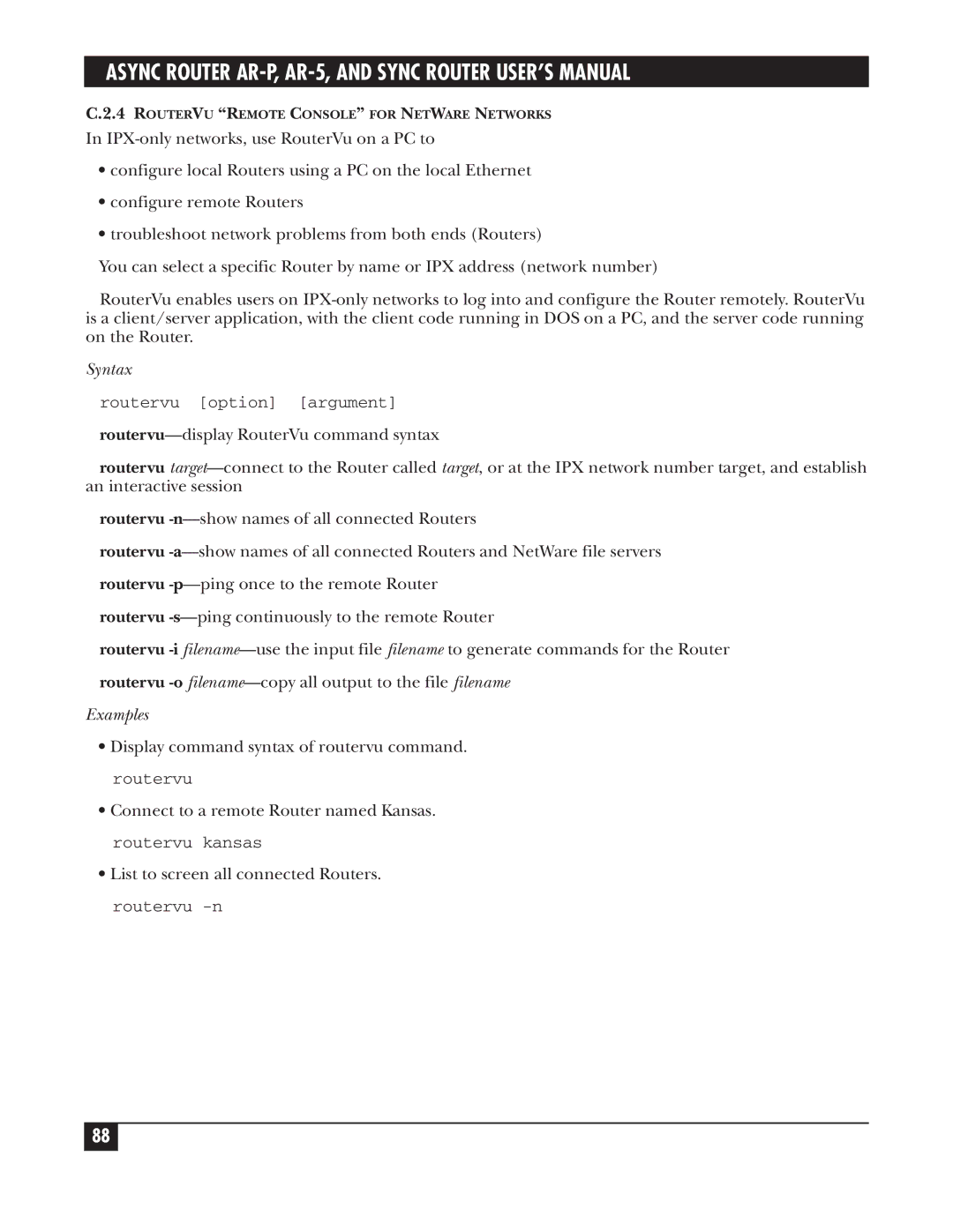 Black Box LRA005A-R2, LRS002A-R2, LRA001A-R2 manual Syntax, Examples 