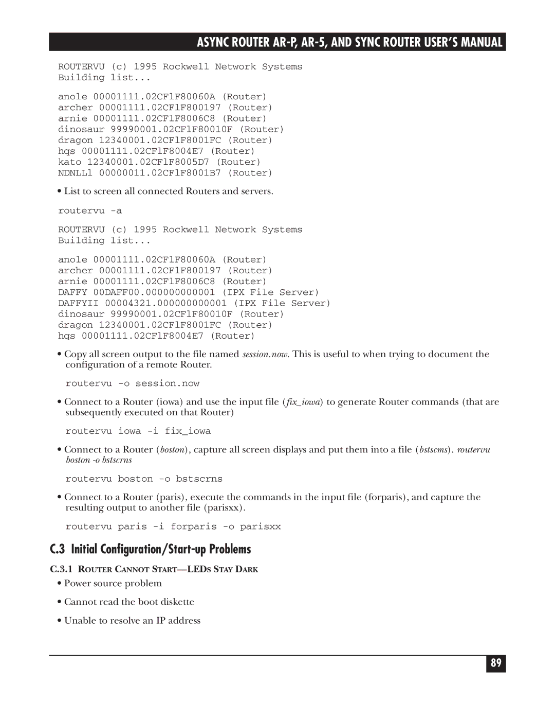 Black Box LRA001A-R2 manual Initial Configuration/Start-up Problems, Routervu c 1995 Rockwell Network Systems Building list 