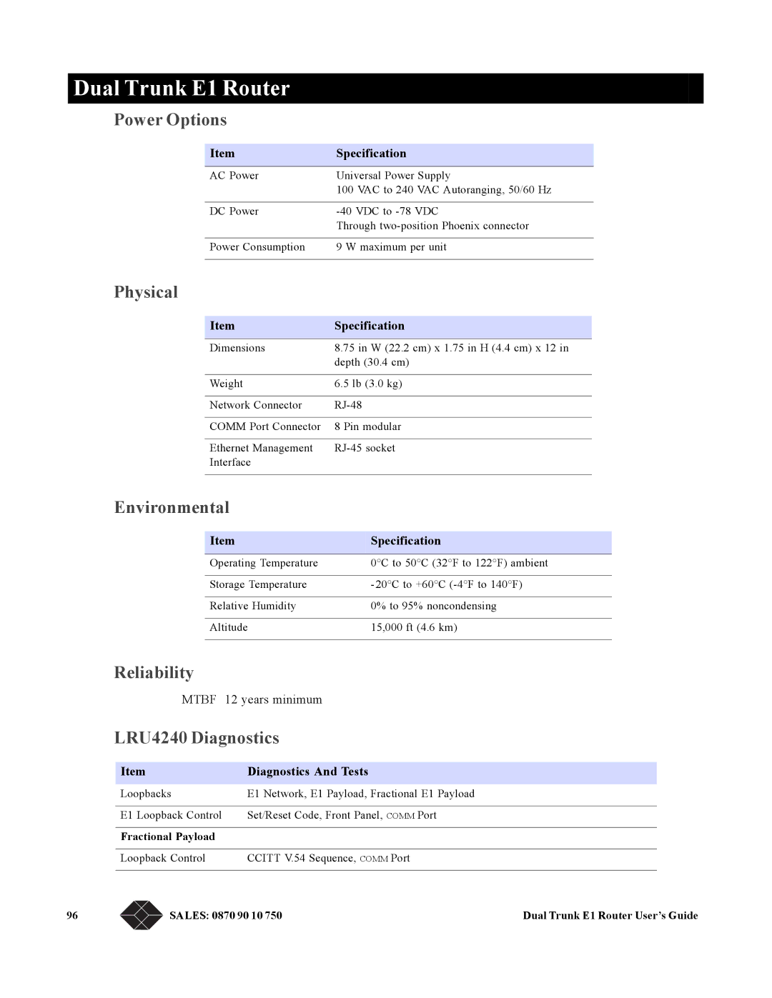 Black Box manual Power Options, Physical, Environmental, Reliability, LRU4240 Diagnostics 