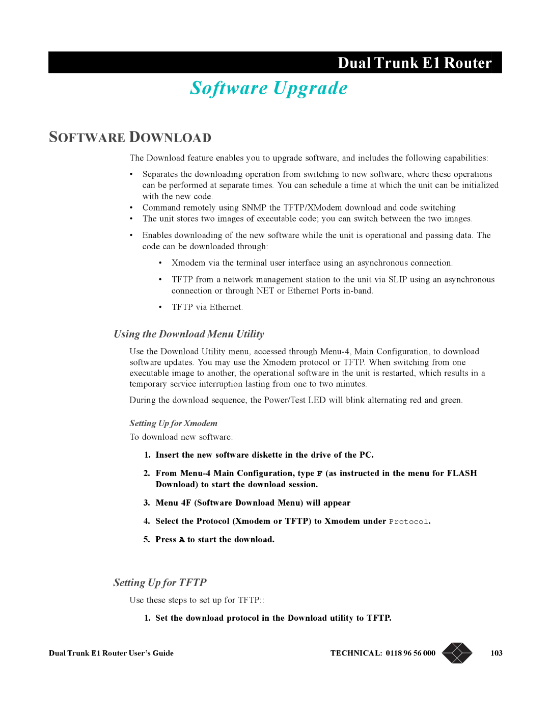 Black Box LRU4240 manual Software Upgrade, Software Download, Using the Download Menu Utility, Setting Up for Tftp 