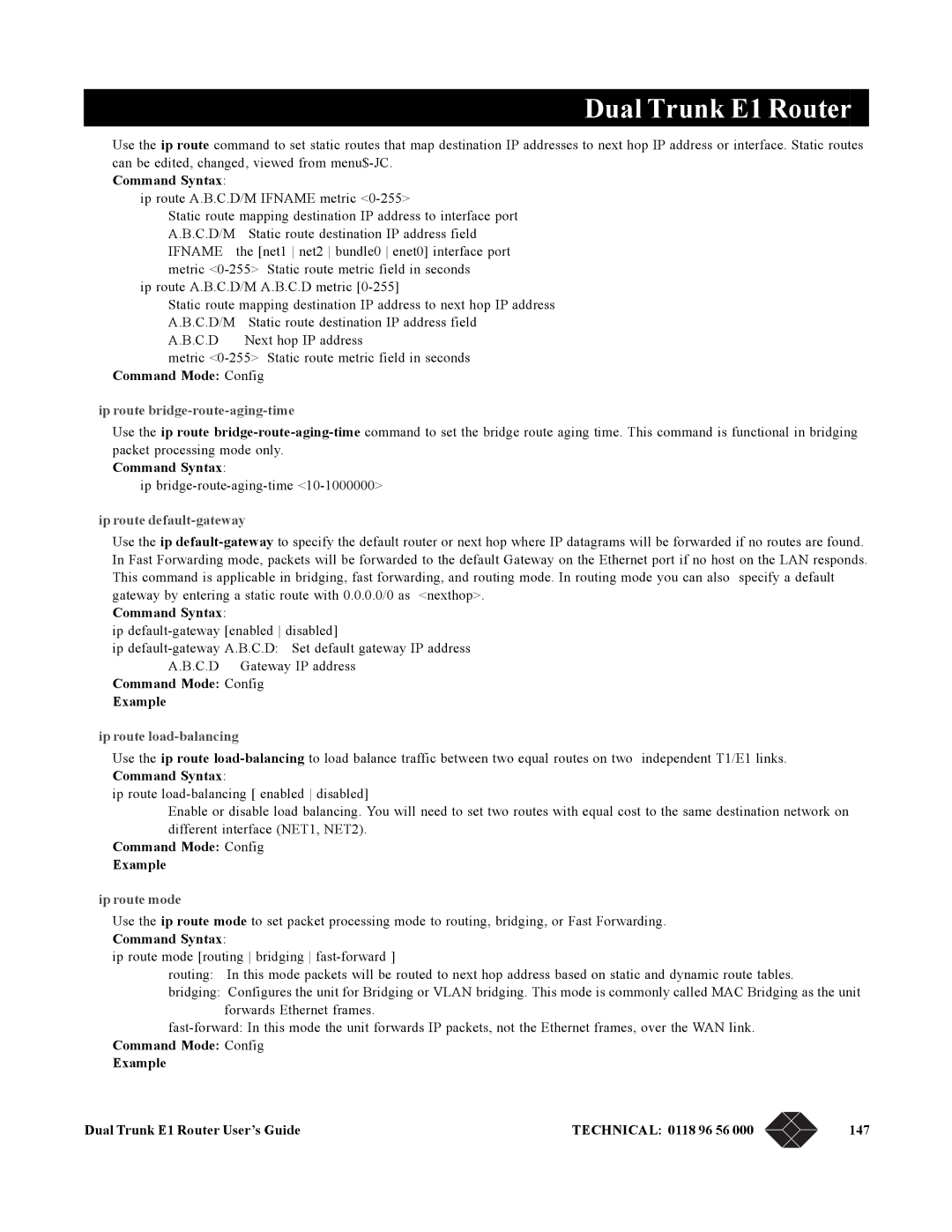 Black Box LRU4240 manual Ip route bridge-route-aging-time, Ip route default-gateway, Ip route load-balancing, Ip route mode 