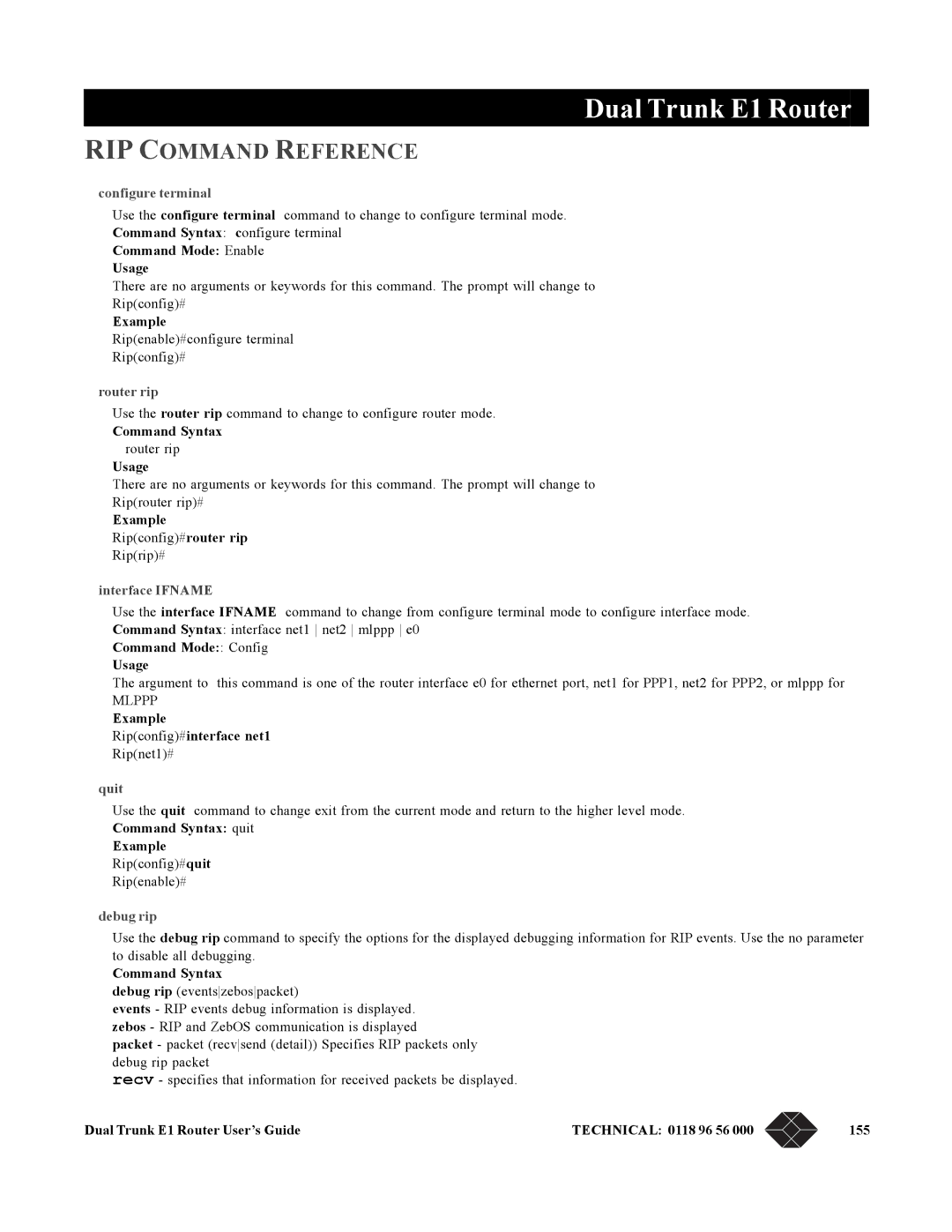 Black Box LRU4240 manual RIP Command Reference, Router rip, Debug rip 