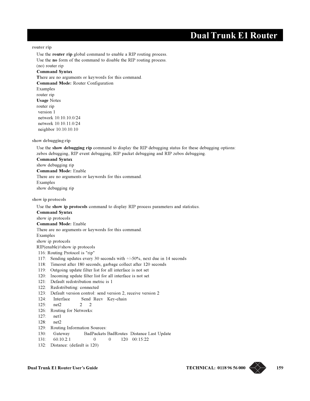 Black Box LRU4240 manual Show debugging rip, Command Syntax show debugging rip Command Mode Enable, Show ip protocols 