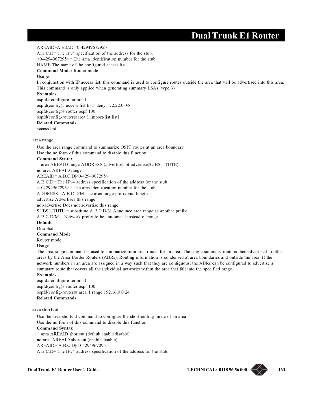 Black Box LRU4240 Area range, Command Mode, Area shortcut, Dual Trunk E1 Router User’s Guide Technical 0118 96 56 163 