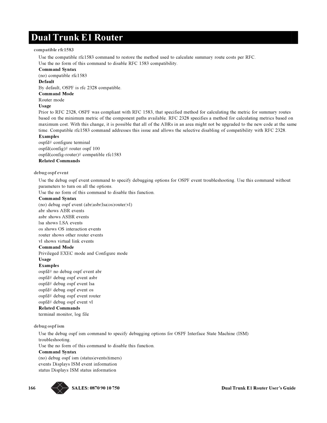 Black Box LRU4240 manual Compatible rfc1583, Debug ospf event, Debug ospf ism 