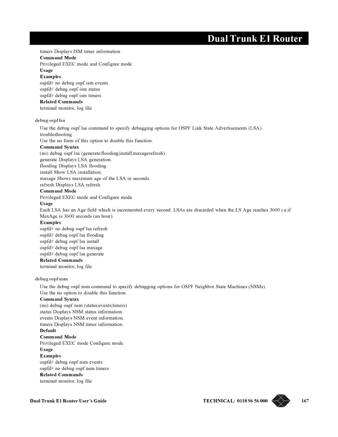 Black Box LRU4240 manual Debug ospf lsa, Debug ospf nsm 