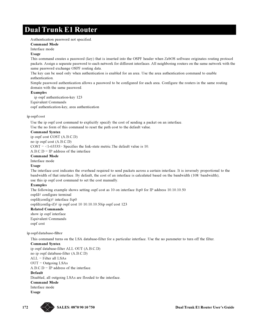 Black Box LRU4240 Ip ospf cost, Command Mode Interface mode Usage, Ip ospf database-filter, Usage 172 Sales 0870 90 10 