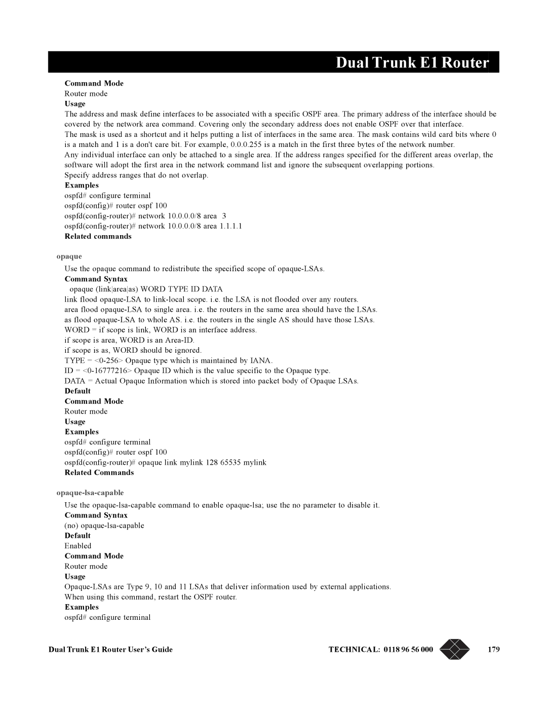 Black Box LRU4240 manual Opaque-lsa-capable, Dual Trunk E1 Router User’s Guide Technical 0118 96 56 179 