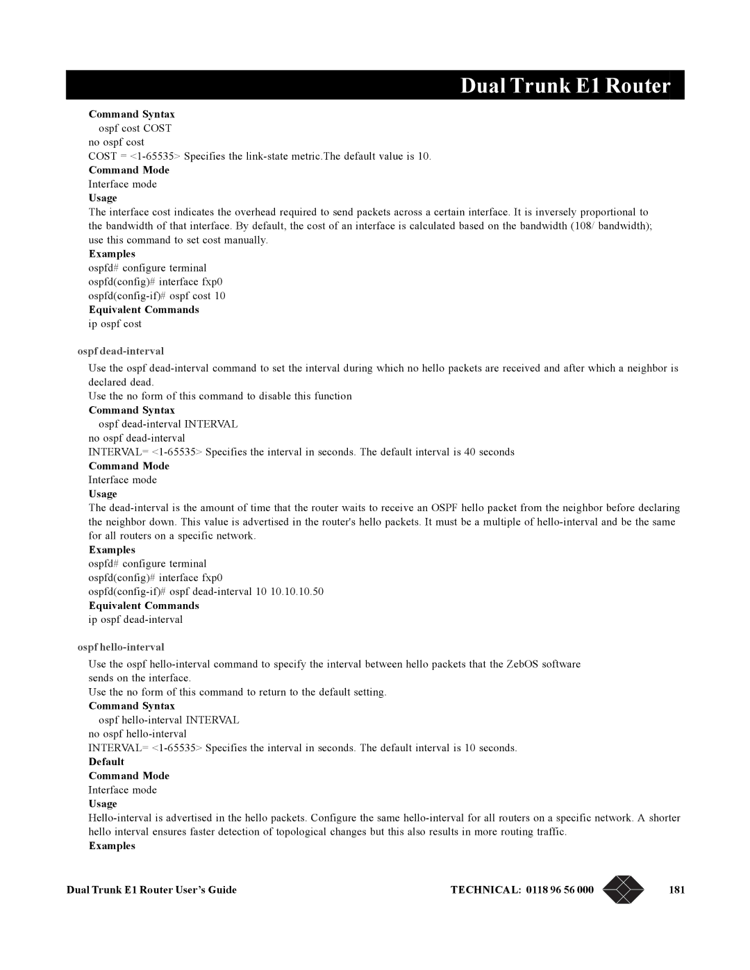 Black Box LRU4240 manual Ospf dead-interval, Ospf hello-interval 