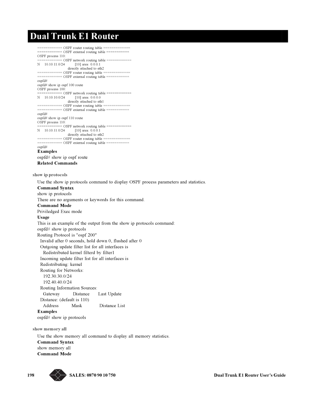 Black Box LRU4240 manual Command Syntax show ip protocols, Show memory all, Command Mode 198 Sales 0870 90 10 