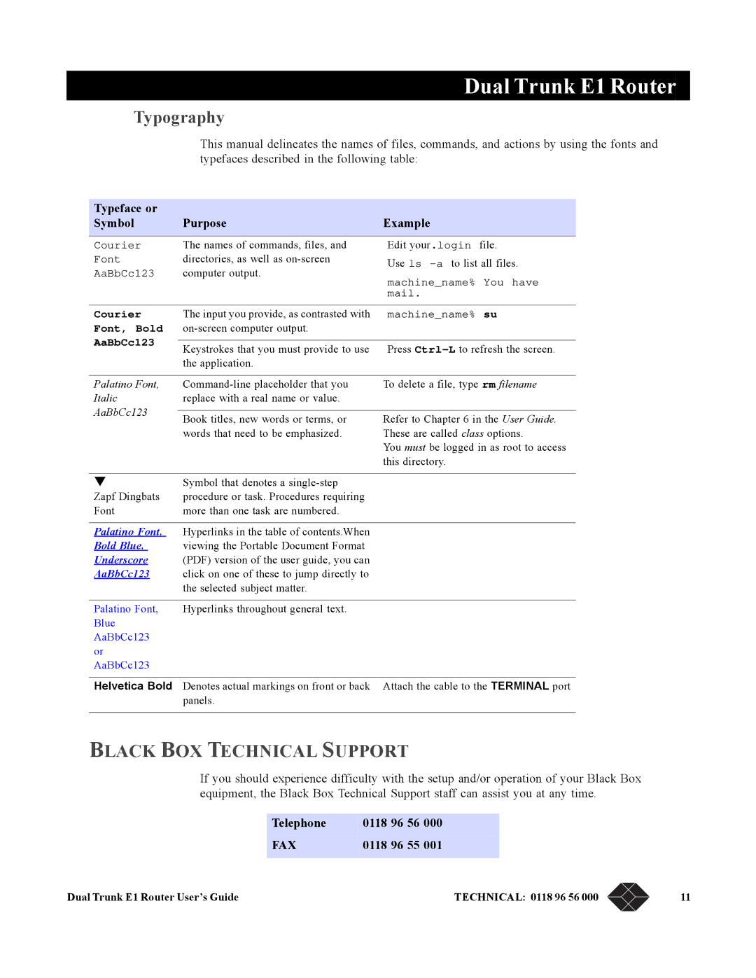 Black Box LRU4240 manual Typography, Black BOX Technical Support, Typeface or Symbol Purpose Example, Telephone 0118 96 56 