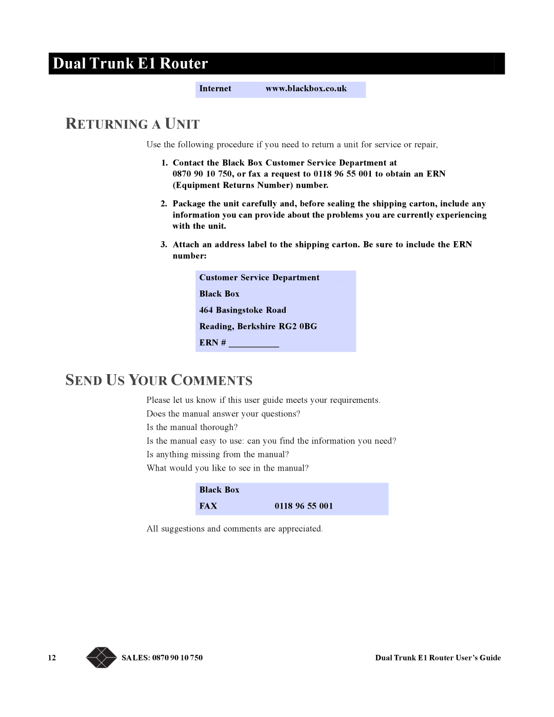 Black Box LRU4240 manual Returning a Unit, Send US Your Comments, Black Box, All suggestions and comments are appreciated 