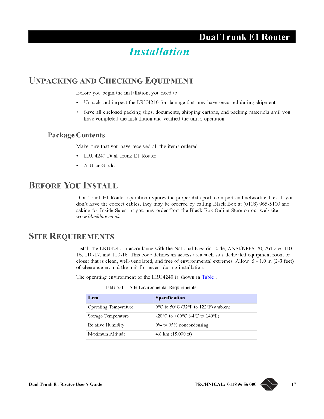 Black Box LRU4240 Installation, Unpacking and Checking Equipment, Package Contents, Before YOU Install Site Requirements 