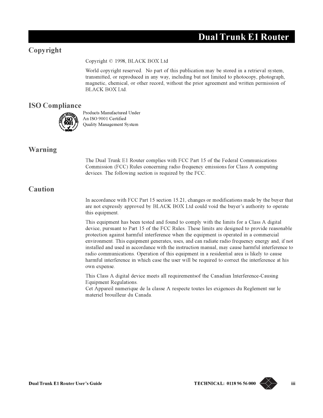 Black Box LRU4240 manual Copyright ISO Compliance, Dual Trunk E1 Router User’s Guide Technical 0118 96 56 