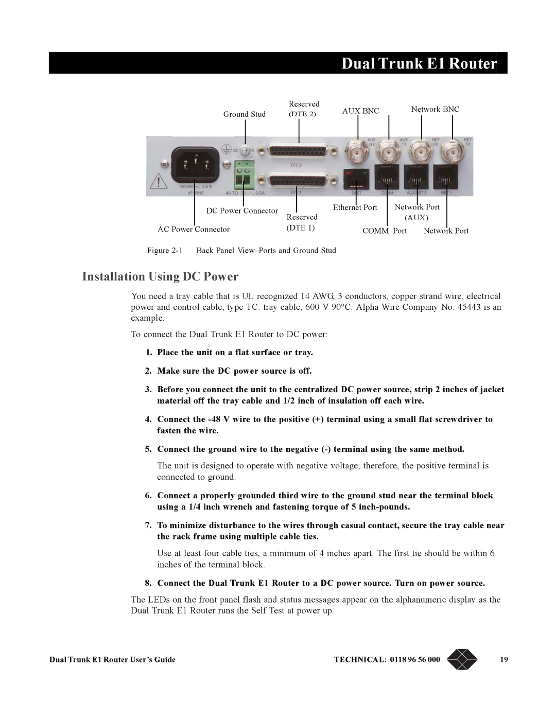 Black Box LRU4240 manual Installation Using DC Power, Back Panel View-Ports and Ground Stud 