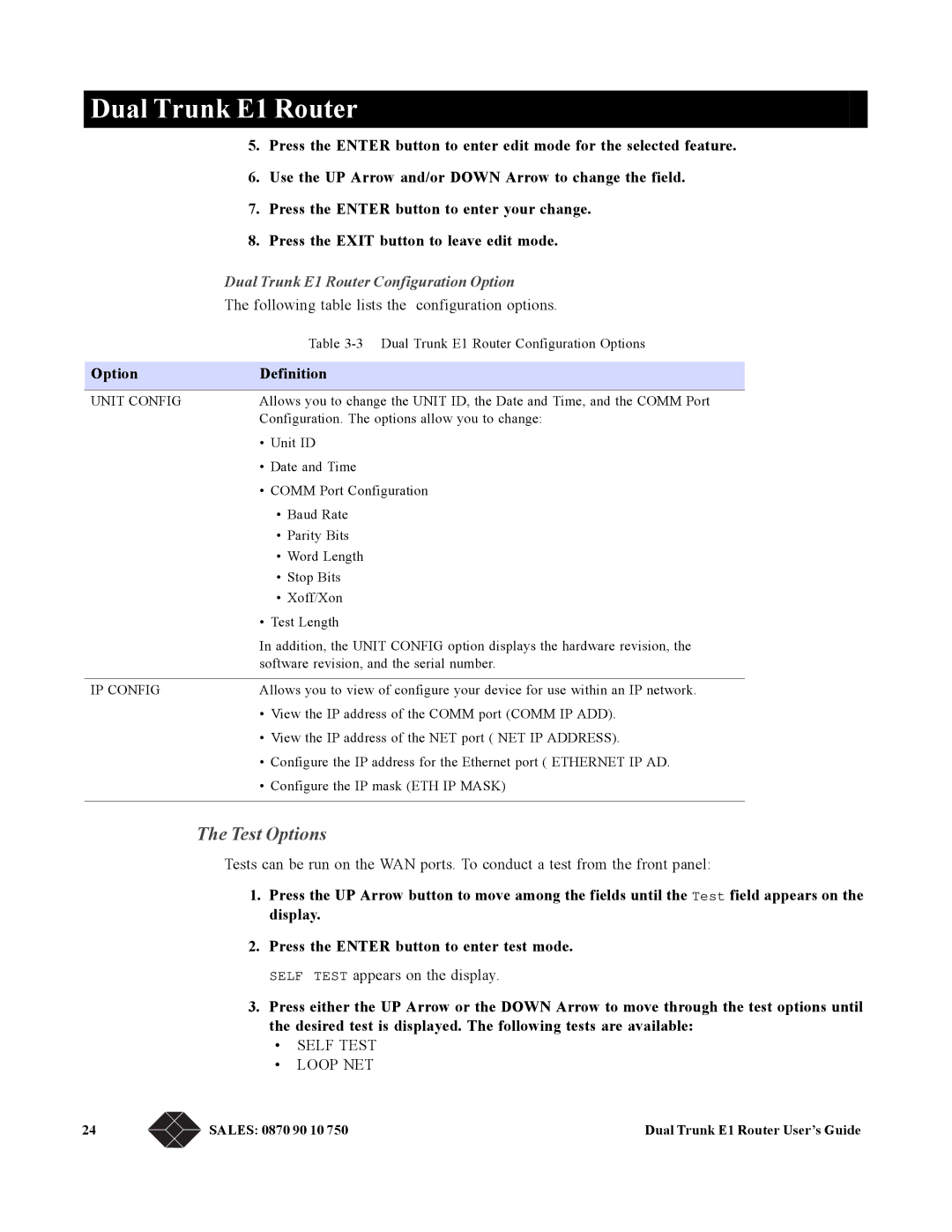 Black Box LRU4240 manual Test Options, Following table lists the configuration options, Option Definition 