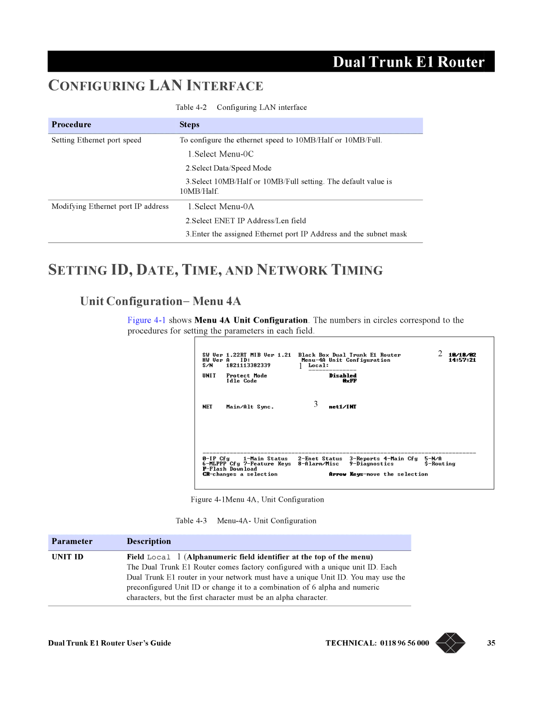 Black Box LRU4240 manual Configuring LAN Interface, Setting ID, DATE, TIME, and Network Timing, Unit Configuration− Menu 4A 