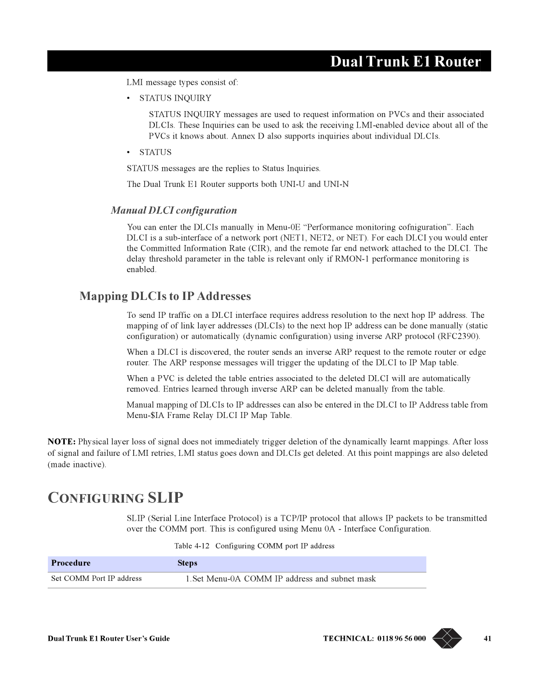 Black Box LRU4240 manual Mapping DLCIs to IP Addresses, Configuring Slip, Manual Dlci configuration, ProcedureSteps 