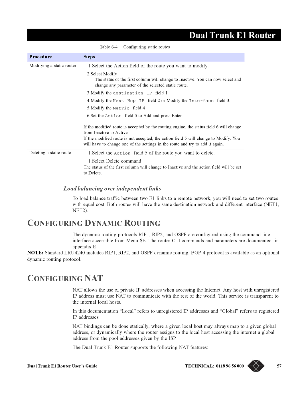 Black Box LRU4240 manual Configuring Dynamic Routing, Configuring NAT, Load balancing over independent links 