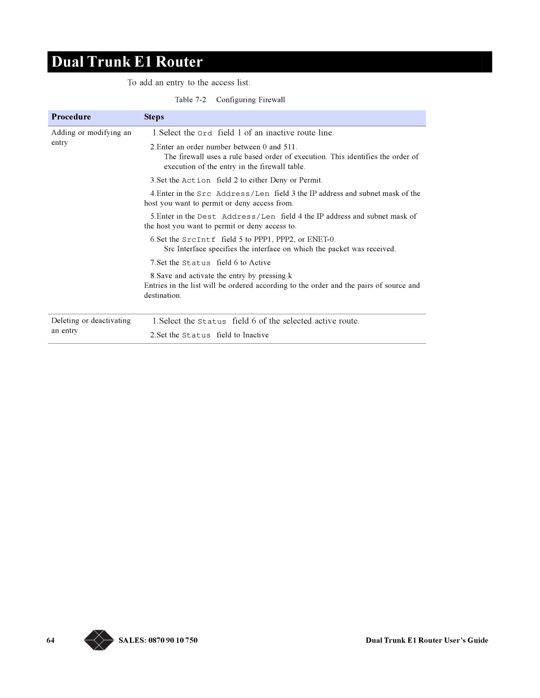 Black Box LRU4240 manual To add an entry to the access list, Select the Ord field 1 of an inactive route line 