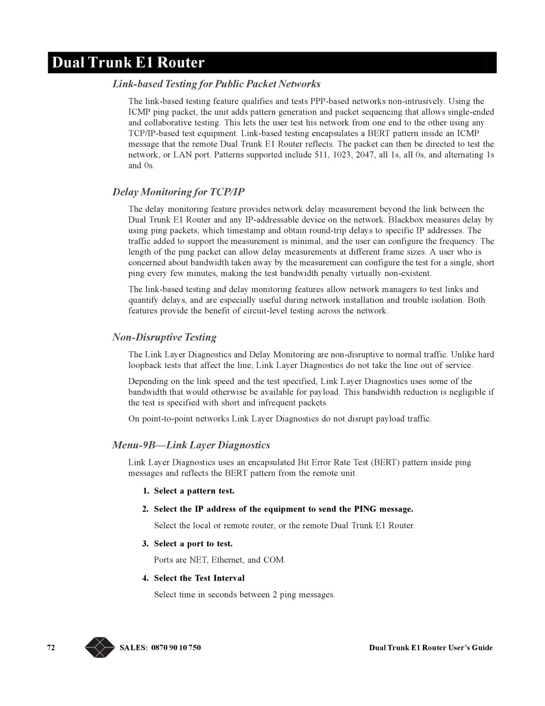 Black Box LRU4240 manual Link-based Testing for Public Packet Networks, Delay Monitoring for TCP/IP, Non-Disruptive Testing 